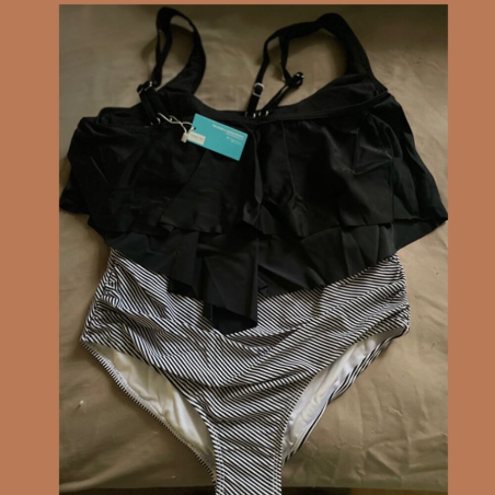 Women’s Black Ruffle Tankini Top with Striped High-Waist Bottoms